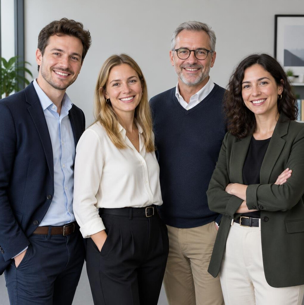 Group of four diverse professionals posing together in an office