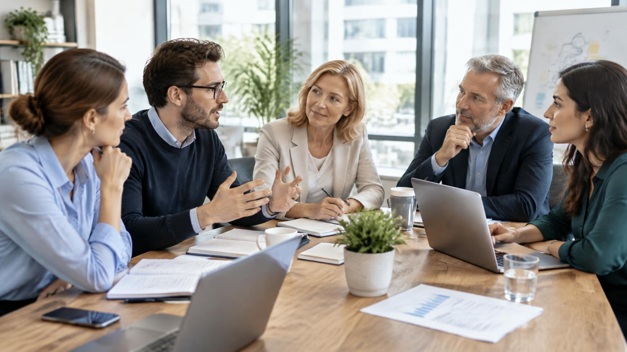 Diverse team discussing around a table in an office meeting